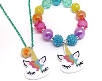Girls mini gumball stretchy jewelry set Unicorn necklace bracelet earrings jewelry set