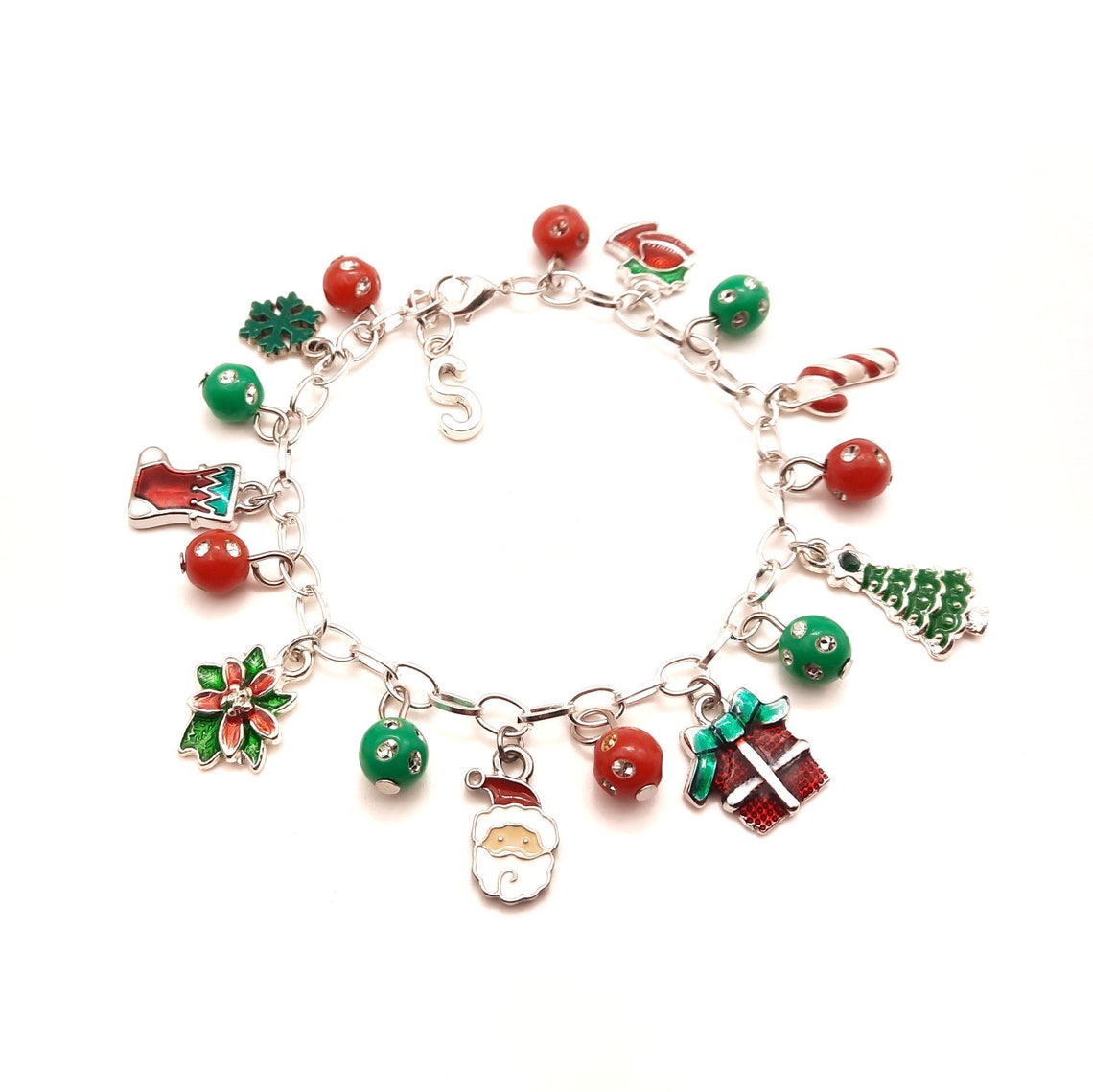 Personalized Christmas charm bracelet 8 holiday jewelry Silver