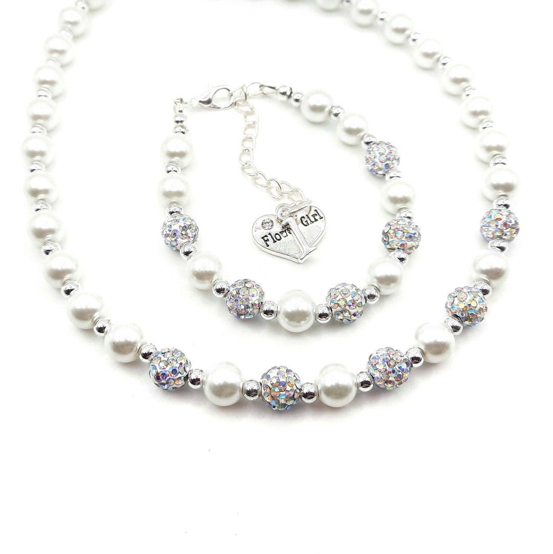 White Flower Girl Jewelry Set, Girls Rhinestone Necklace Bracelet