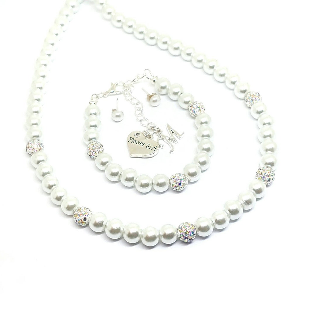 Personalized Flower Girl Necklace Bracelet Jewelry Set Girl's White