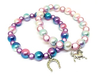 Silver horse bracelet set - Miracle beads and multi colored pearls stacking charm bracelets