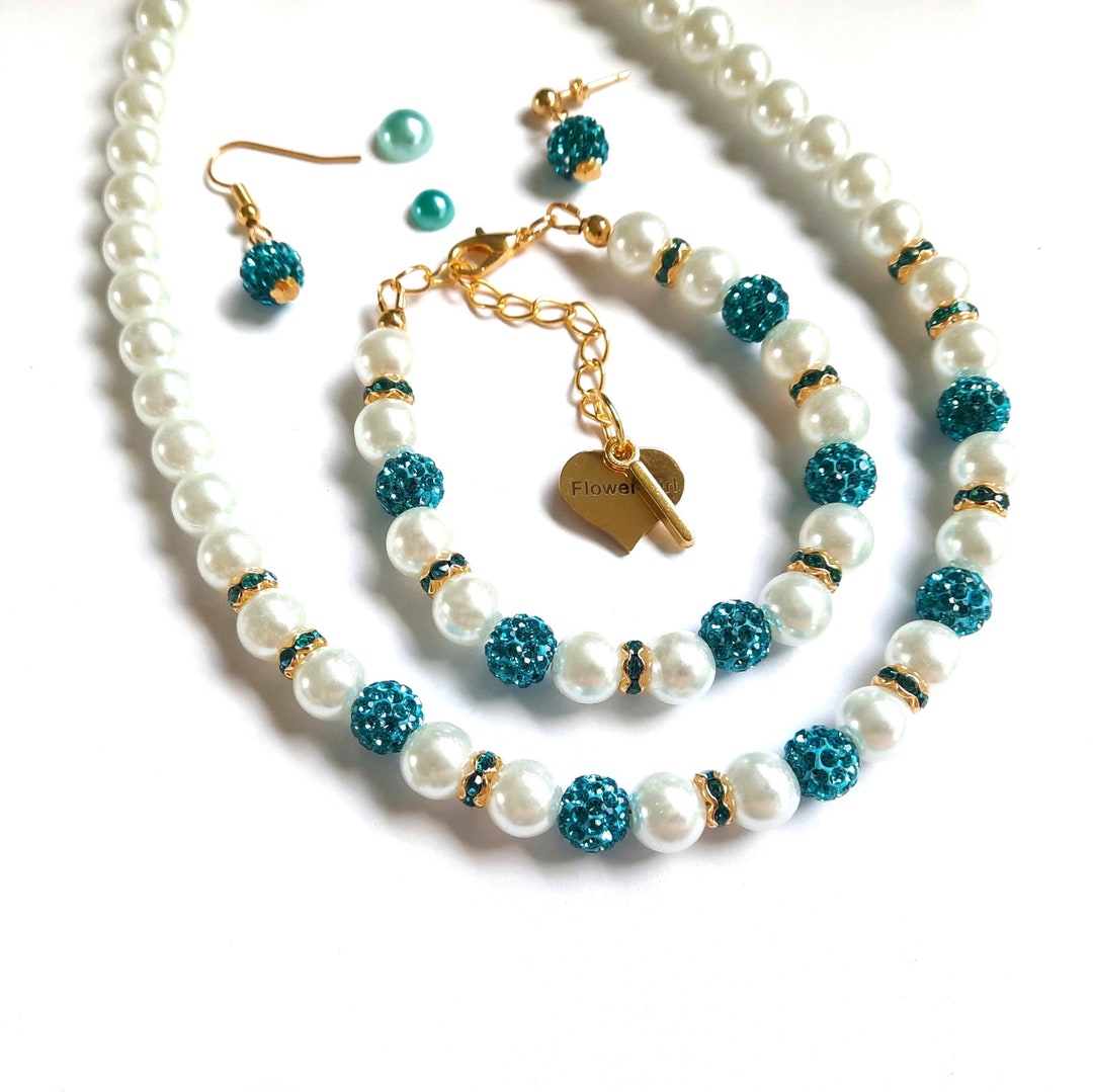 Deep Sky Flower Girl Jewelry Set, Gold Zircon Necklace Bracelet