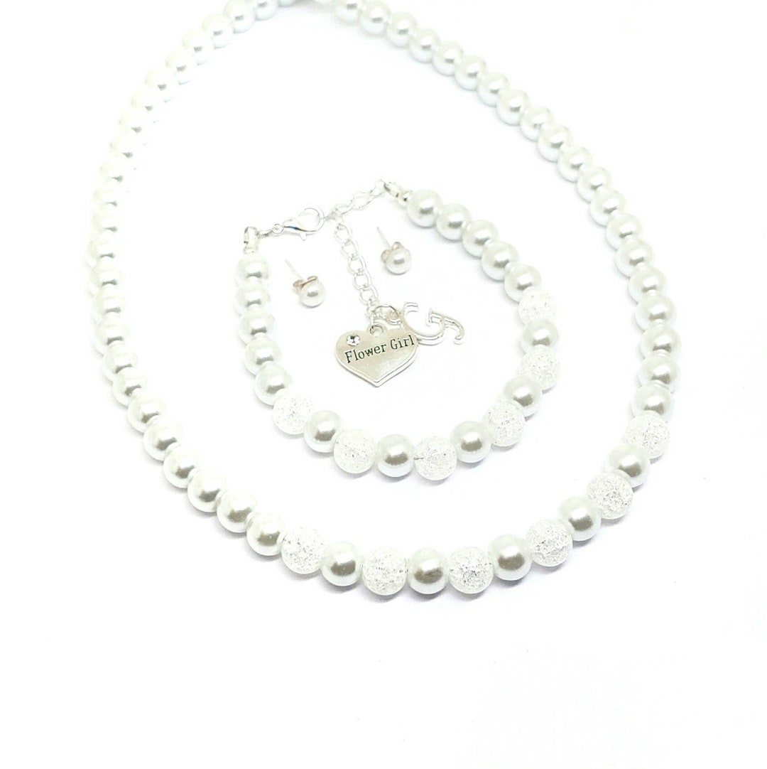 Personalized Flower Girl Necklace Bracelet Jewelry Set Girl's White