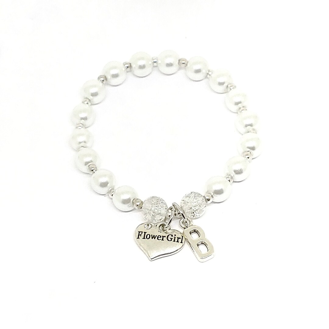 Personalized Flower Girl Initial Bracelet White Pearl Wedding Bracelet