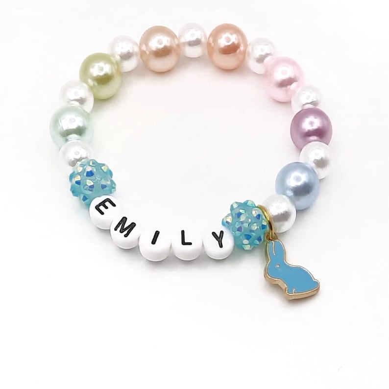 Girl's rabbit name bracelet Personalized easter bunny jewelry Blue bunny