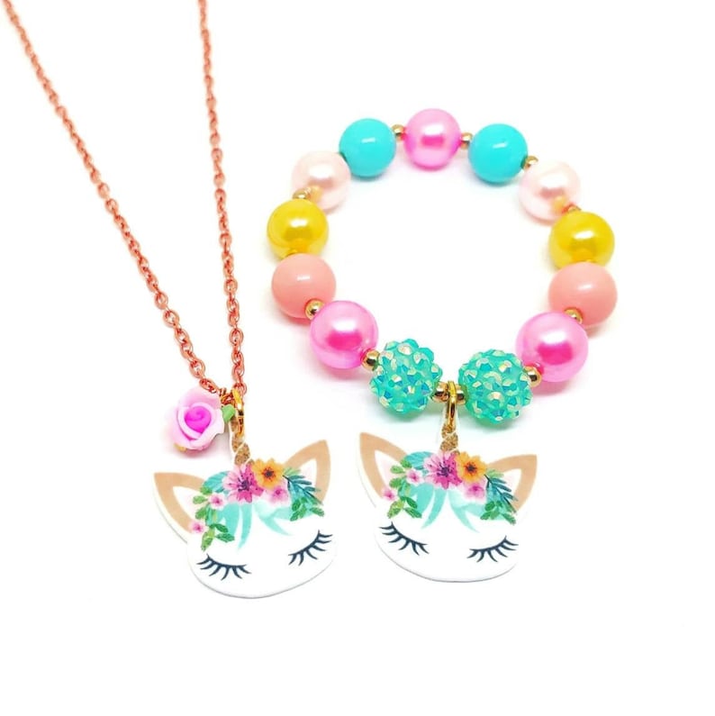 Resin unicorn necklace bracelet jewelry set  Girls unicorn image 0