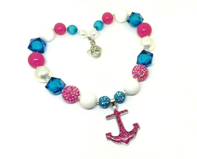 Girls nautical anchor chunky bubblegum necklace bracelet earrings jewelry set