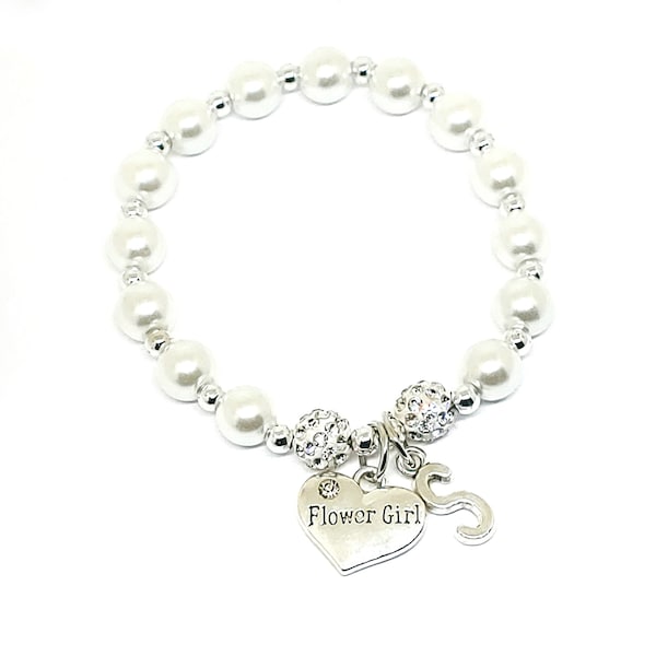 Personalized flower girl initial bracelet - White pearl wedding bracelet