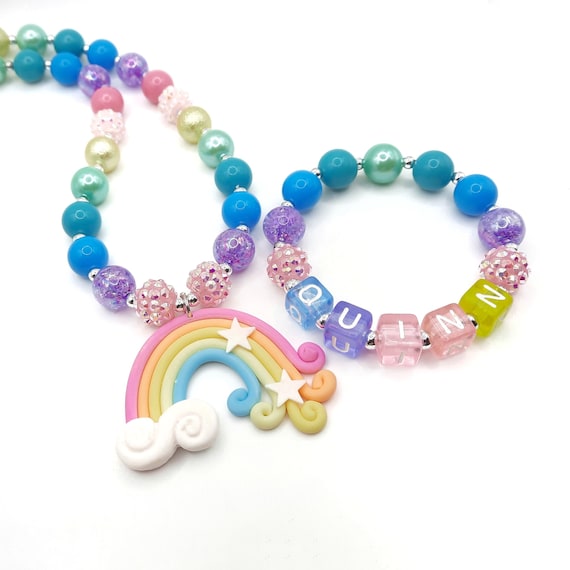 Bracelet Personnalisé Pour Fille - Arc-en-ciel, Perles, Cristaux, Avec Nom