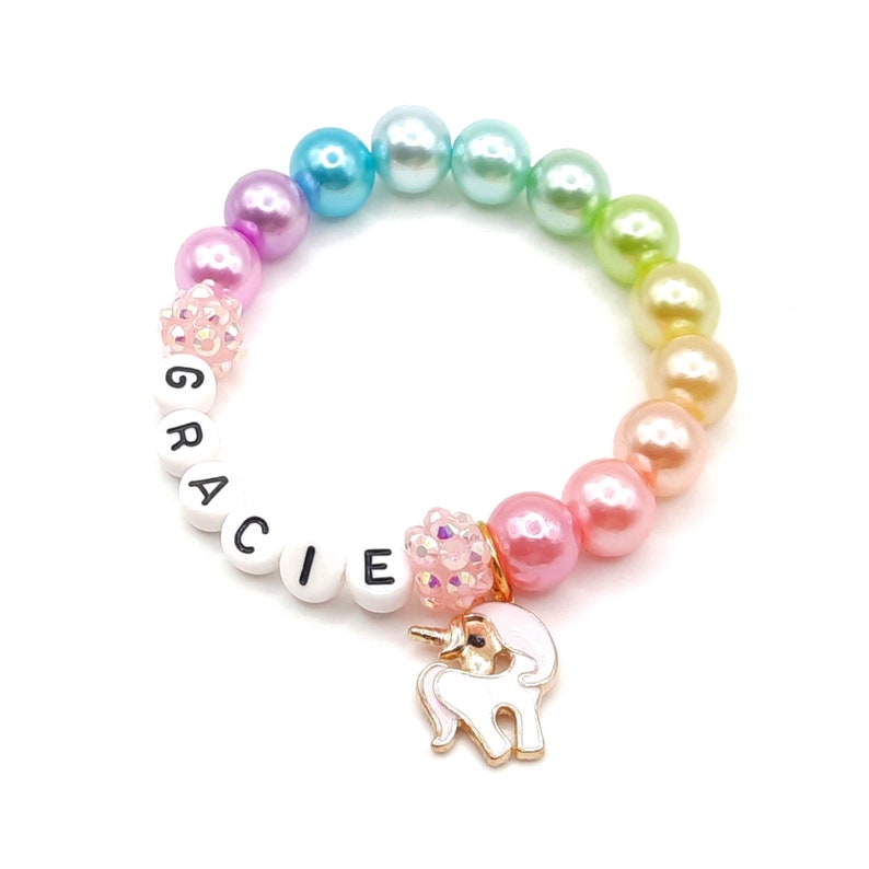 Girl's unicorn name bracelet pearl jewelry gift Rosa