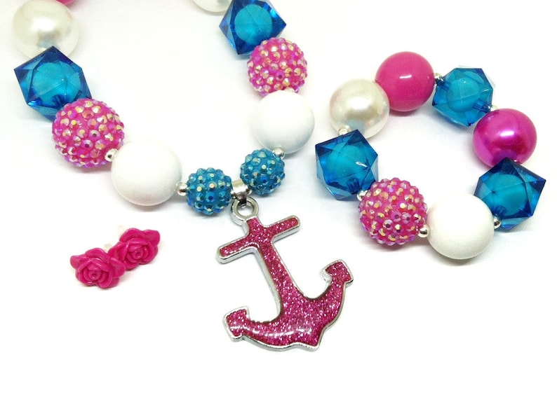 Girls nautical anchor chunky bubblegum necklace bracelet earrings jewelry set