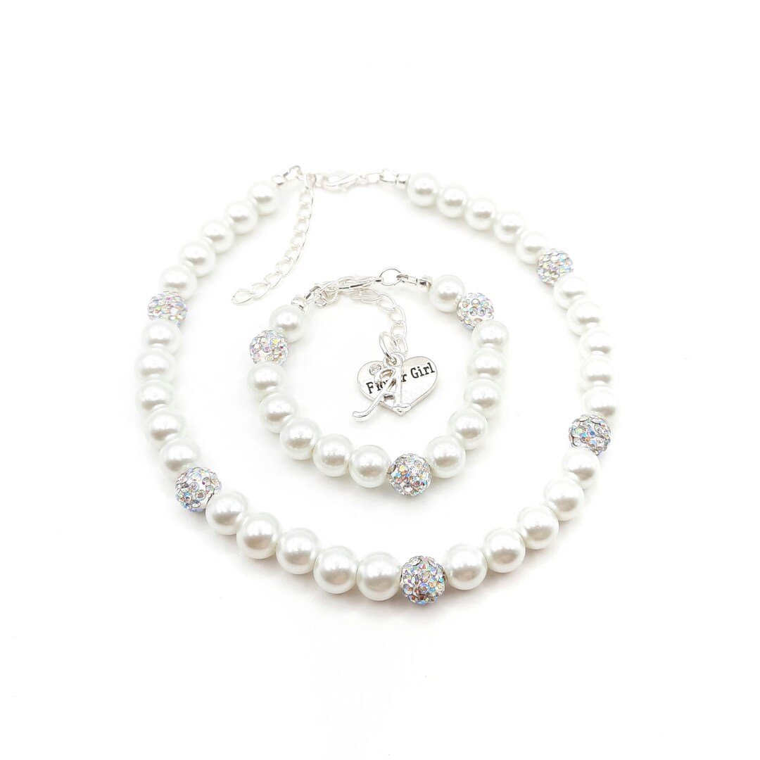 Flower Girl Choker Necklace Jewelry Set Girls White Glass Etsy