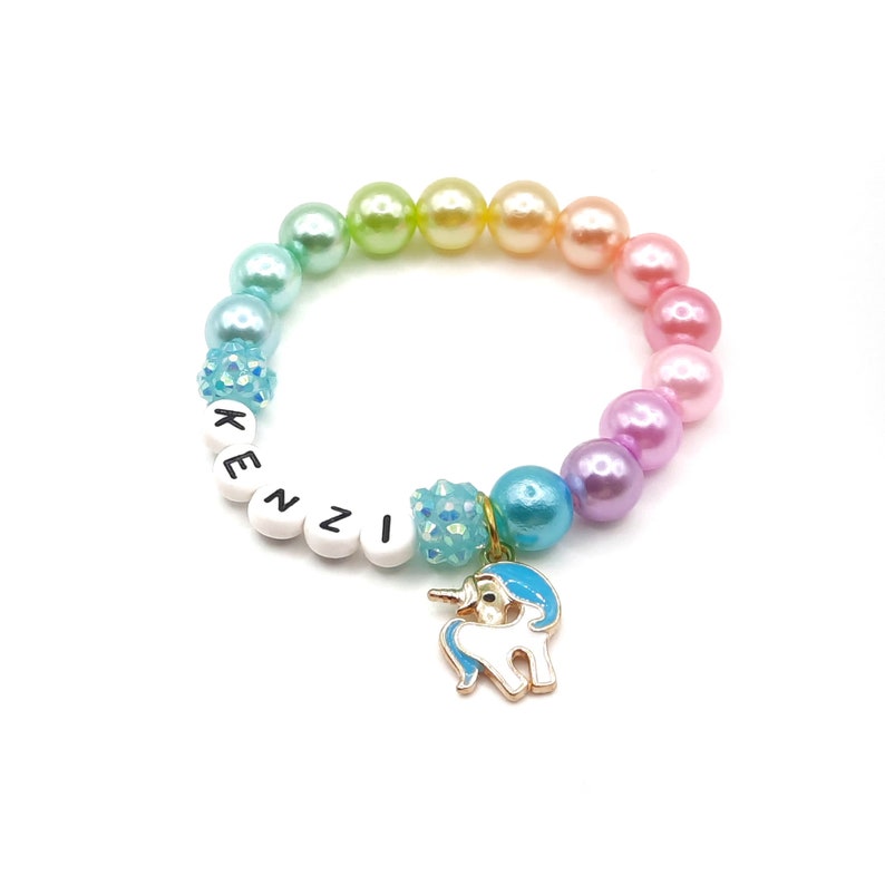 Girl's unicorn name bracelet pearl jewelry gift Blue