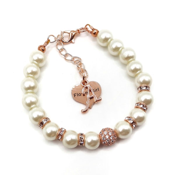 Rose gold flower girl name bracelet, Girls cz ivory pearl jewelry