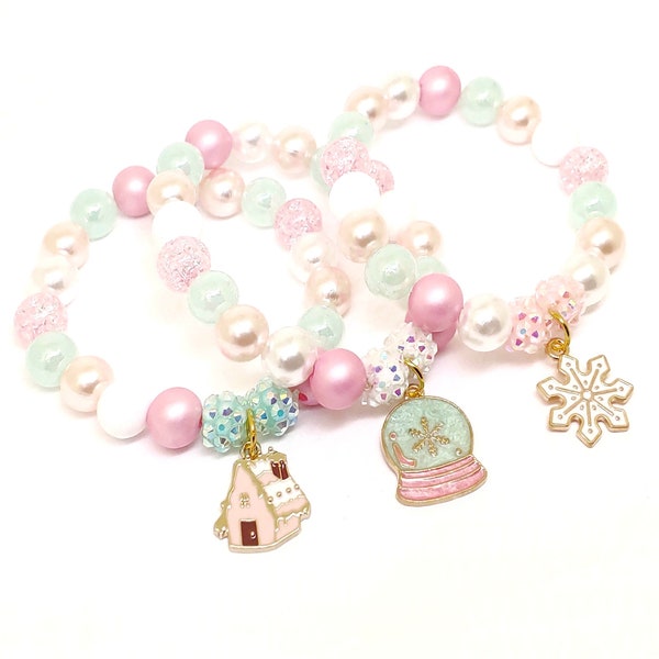Pastel Christmas bracelets pink blue gingerbread house snowflake snowglobe jewelry
