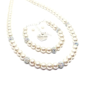 Personalized flower girl necklace bracelet jewelry set - Girl&#39;s ivory pearl wedding gift