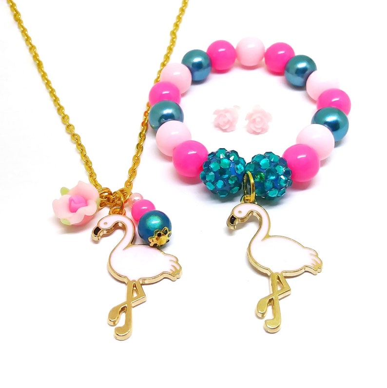 Girls Pink flamingo necklace bracelet jewelry set Flamingo birthday jewelry