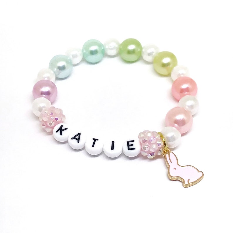 Girl's rabbit name bracelet Personalized easter bunny jewelry image 1