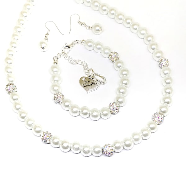 Junior Bridesmaid necklace bracelet jewelry set Girl's white pearl wedding gift