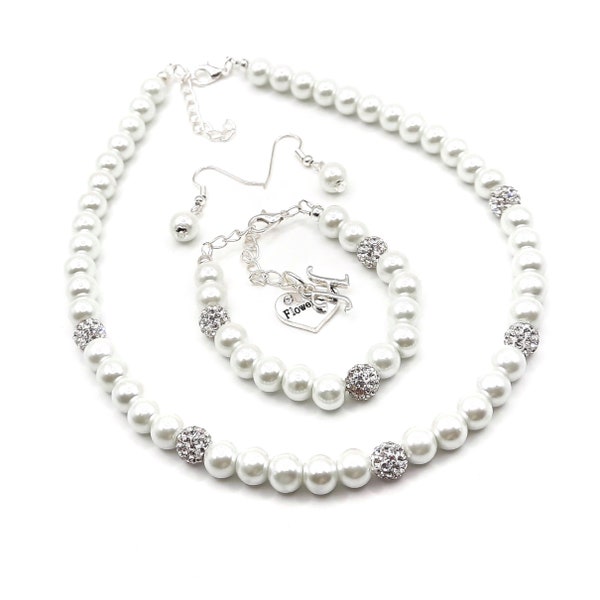 Personalized flower girl necklace bracelet jewelry set - Girl's white pearl wedding gift