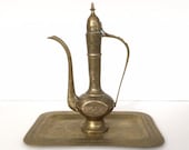 INDIAN DALLAH KETTLE - Traditional Dallah, Stylised Brass Kettle and Tray. India