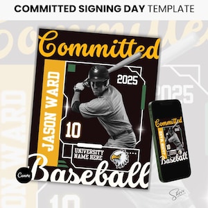 Puede incluir: Una plantilla de diseño gráfico de béisbol en negro y amarillo con el texto "Committed" y "Baseball". La plantilla presenta a un jugador de béisbol con un uniforme verde y blanco con el número 10 en la espalda. El texto "Jason Ward" y "University Name Here" también se incluye en el diseño.
