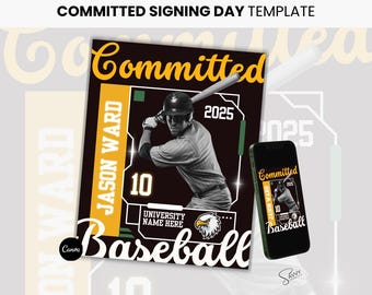Könnte beinhalten: Eine schwarze und gelbe Baseball-Designvorlage mit dem Text "Committed" und "Baseball". Die Vorlage zeigt einen Baseballspieler in einem grün-weißen Trikot mit der Nummer 10 auf dem Rücken. Der Text "Jason Ward" und "University Name Here" ist ebenfalls in der Gestaltung enthalten.