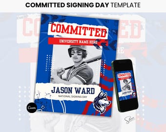 Könnte beinhalten: Ein blaues und rotes Grafikdesign mit dem Text "COMMITTED" und "UNIVERSITY NAME HERE". Ein Baseballspieler ist in der Mitte des Designs abgebildet. Der Text "JASON WARD" und "NATIONAL SIGNING DAY" befindet sich unter dem Spieler. Eine Wolfsgrafik befindet sich auf der rechten Seite des Designs.