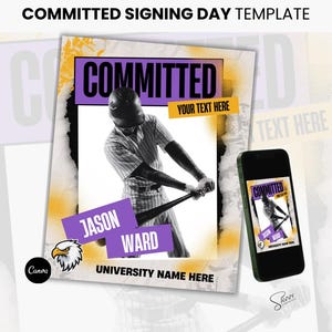 Può includere: Un giocatore di baseball con una divisa bianca e nera è mostrato mentre swinga una mazza. L'immagine è un modello per un annuncio di giornata di firma. Il testo "COMMITTED" è in viola e giallo. Il testo "YOUR TEXT HERE" è in bianco. Il testo "JASON WARD" è in bianco. Il testo "UNIVERSITY NAME HERE" è in bianco. Il testo "Canva" è in bianco. Il testo "SAWY" è in bianco.