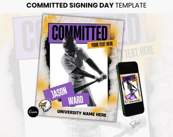 Könnte beinhalten: Ein Baseballspieler in einem schwarz-weißen Trikot ist beim Schwingen eines Schlägers zu sehen. Das Bild ist eine Vorlage für eine Ankündigung eines Signing Days. Der Text "COMMITTED" ist in Lila und Gelb. Der Text "YOUR TEXT HERE" ist in Weiß. Der Text "JASON WARD" ist in Weiß. Der Text "UNIVERSITY NAME HERE" ist in Weiß. Der Text "Canva" ist in Weiß. Der Text "SAWY" ist in Weiß.