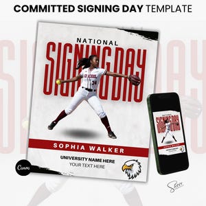 Può includere: Un modello digitale per l'annuncio del giorno della firma di una giocatrice di softball. Il modello presenta una foto di una giocatrice di softball con una divisa rosso e bianca, con il testo "NATIONAL SIGNING DAY" in grandi lettere rosse. Il nome della giocatrice, "SOPHIA WALKER", è stampato sotto la foto, insieme a spazio per il nome dell'università e un messaggio personalizzato.
