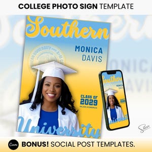 May include: A graduation announcement template featuring a photo of a woman in a cap and gown. The template is designed for Southern University and includes the text "Southern University", "Monica Davis", "Class of 2029", and "Major: Economics".