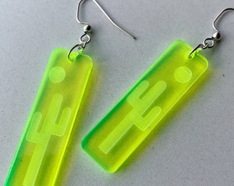 Cactus and Moon Earrings | Southwest Style | Fluorescent Acrylic Lucite Lasercut Earring