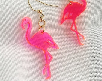 Flamingo Neon Pink Earrings | Acrylic Lucite Lasercut Earring | Modern Retro Pink Flamingo Design