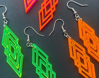 Layered Diamonds Neon Fluorescent Earrings | Glowing Acrylic Lasercut Earring | Diamond Pattern Design