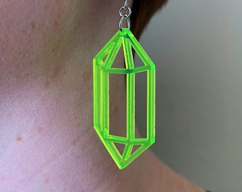 Bright Gemstone Neon Crystal Earrings | Acrylic Jewel Fluorescent Lasercut Dangling Earring | Fun Neon Earring Design