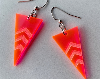 Neon Engraved Chevron Earrings | Acrylic Lasercut Triangle Earring | Fun Retro Design