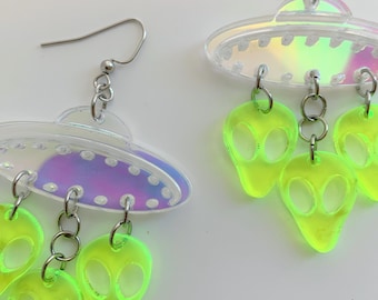 Acrylic UFO Alien Spaceship Dangle Earrings | Acrylic Lasercut Earring | Trendy Space Alien Earrings