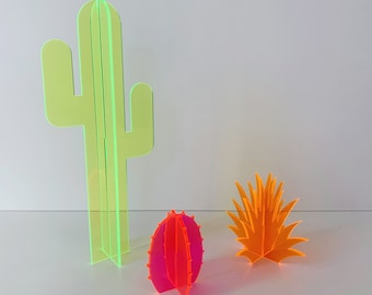 10” Cactus Set of 3 | 10-inch Tall Acrylic Neon Cactus Desk Decor Set | Fun Bright Desert Scene Sculpture Saguaro Agave Barrel Cacti