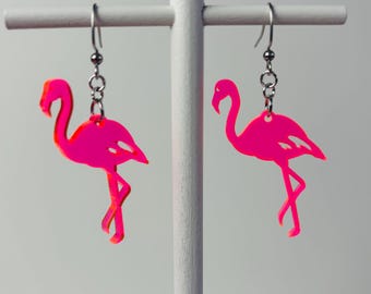 Neon Pink Flamingo Earrings: Laser Cut Acrylic Retro Design