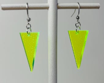 Neon Fluorescent Triangle Funfetti Earrings | Acrylic Lucite Lasercut Earring | Modern Retro Design