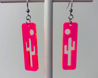 Cactus and Moon Earrings | Southwest Style | Fluorescent Acrylic Lucite Lasercut Earring