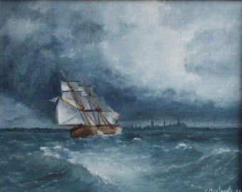 Dipinto ad olio originale "Tempesta nella baia" – veliero in tempesta, dipinto marittimo, olio su cartone 24×30 cm