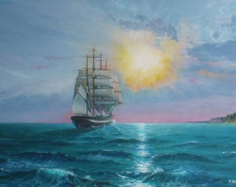 Dipinto originale a olio raffigurante una nave a vela, 40×60 cm – Silver Breeze, un pezzo marittimo unico su tela