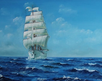 Dipinto a olio originale di una barca a vela – dipinto marittimo, 40×60 cm, olio su tela, dipinto a mano