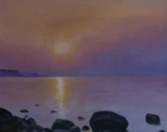 Dipinto ad olio originale "Mattina nella baia" – paesaggio marino, olio su tela 24×30 cm, pezzo unico