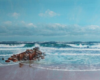 Dipinto originale a olio "Breakwater" – Paesaggio marino marittimo, olio su tela 50×100 cm, pezzo unico