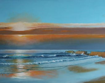 Dipinto originale a olio paesaggio marino 50×100 cm – tramonto con frangiflutti, pezzo unico marittimo su tela