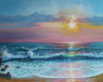 Dipinto originale a olio paesaggio marino 50×100 cm – onde con frangiflutti, pezzo unico marittimo su tela