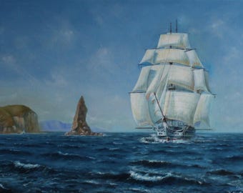 Dipinto originale a olio "Vento fresco" – veliero in mare, paesaggio marittimo, olio su tela 40×60 cm